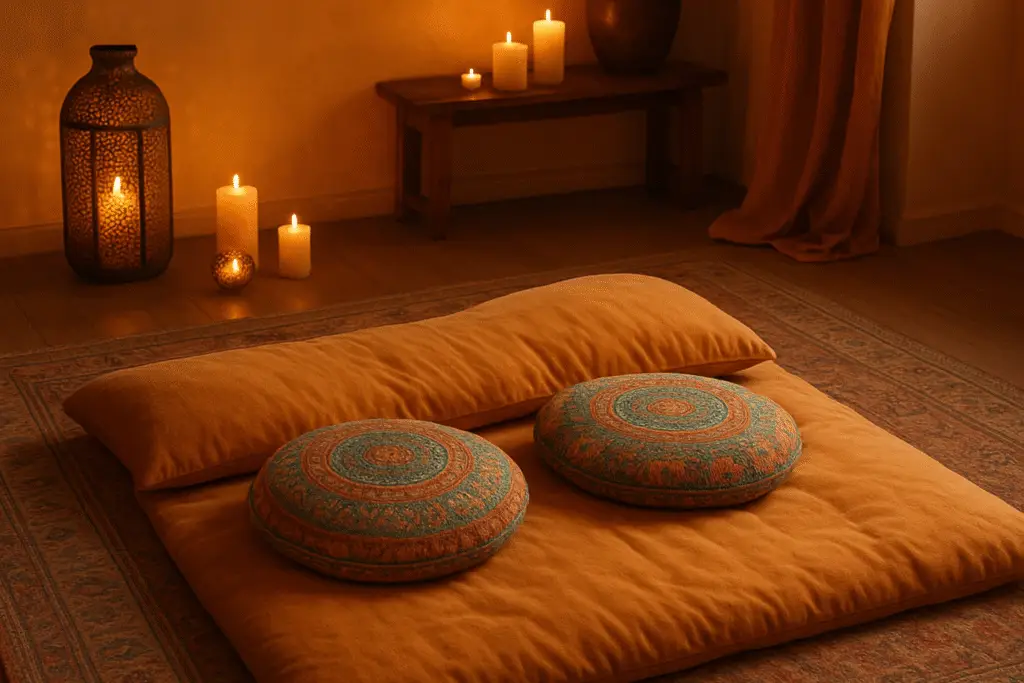 sfeervolle kamer met een foton en 2 meditatiekussentjes erop. Er staan kaarsen op de achtergrond