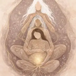 Illustratie van drie generaties vrouwen in zachte taupe en goudtinten, verbonden in een womb-vorm met een lichtbron in het bekken als symbool voor vrouwelijke kracht en vrouwenlijn.
