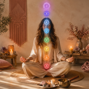 Vrouw in meditatie met de zeven chakra’s in een warme, rustige ruimte