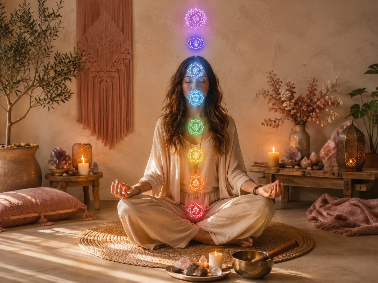 Vrouw in meditatie met de zeven chakra’s in een warme, rustige ruimte
