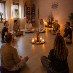 Mannen en vrouwen zitten samen in een kring tijdens een tantra workshop voor singles