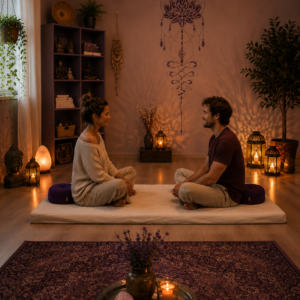 Stel zit tegenover elkaar tijdens een tantra workshop voor koppels