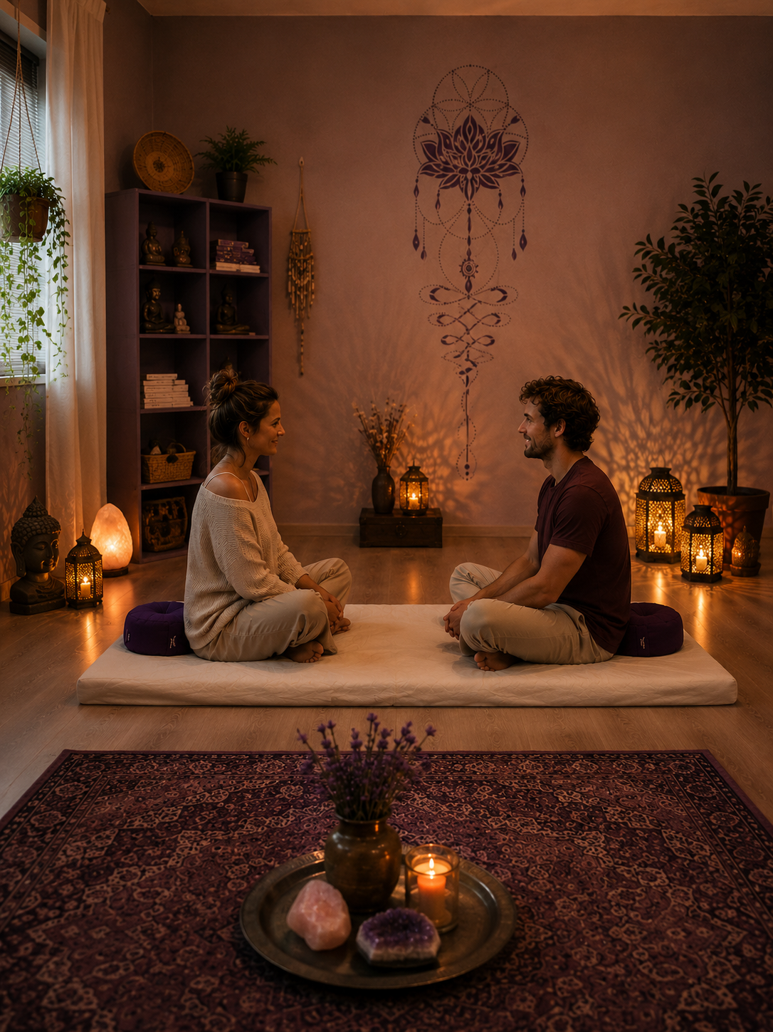 Stel zit tegenover elkaar tijdens een tantra workshop voor koppels