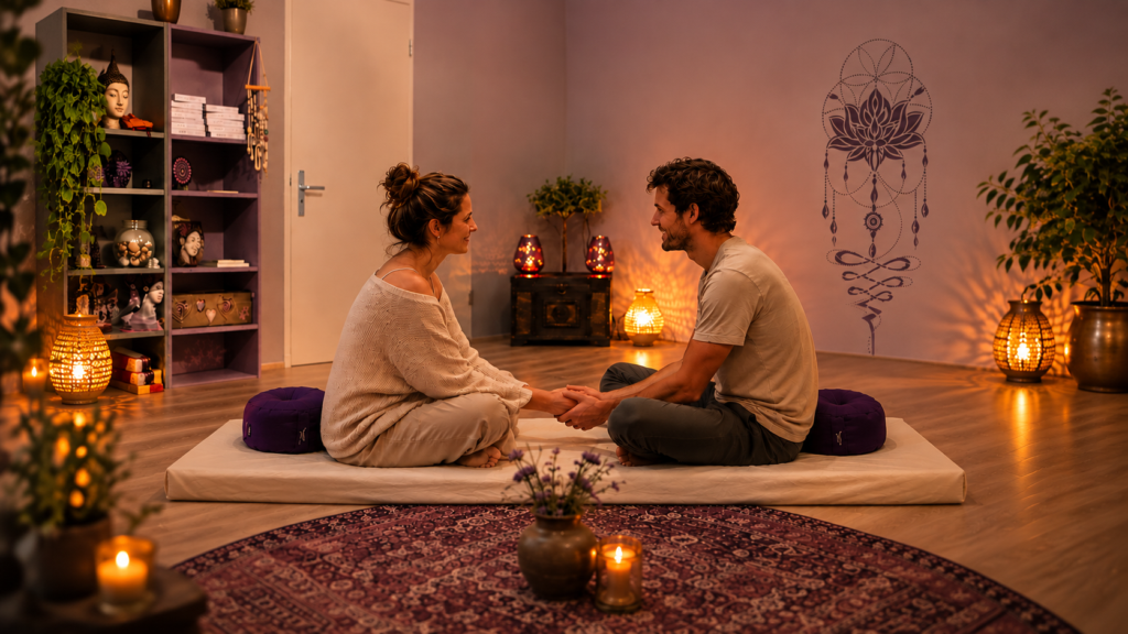 Stel zit tegenover elkaar en houdt elkaars handen vast tijdens een tantra workshop.