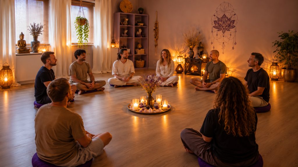 Groep deelnemers zittend in een kring tijdens een tantra workshop in een warme, sfeervolle ruimte.