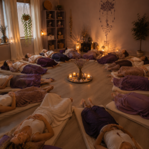 Vrouwen liggen ontspannen in een kring tijdens een One Day Retreat