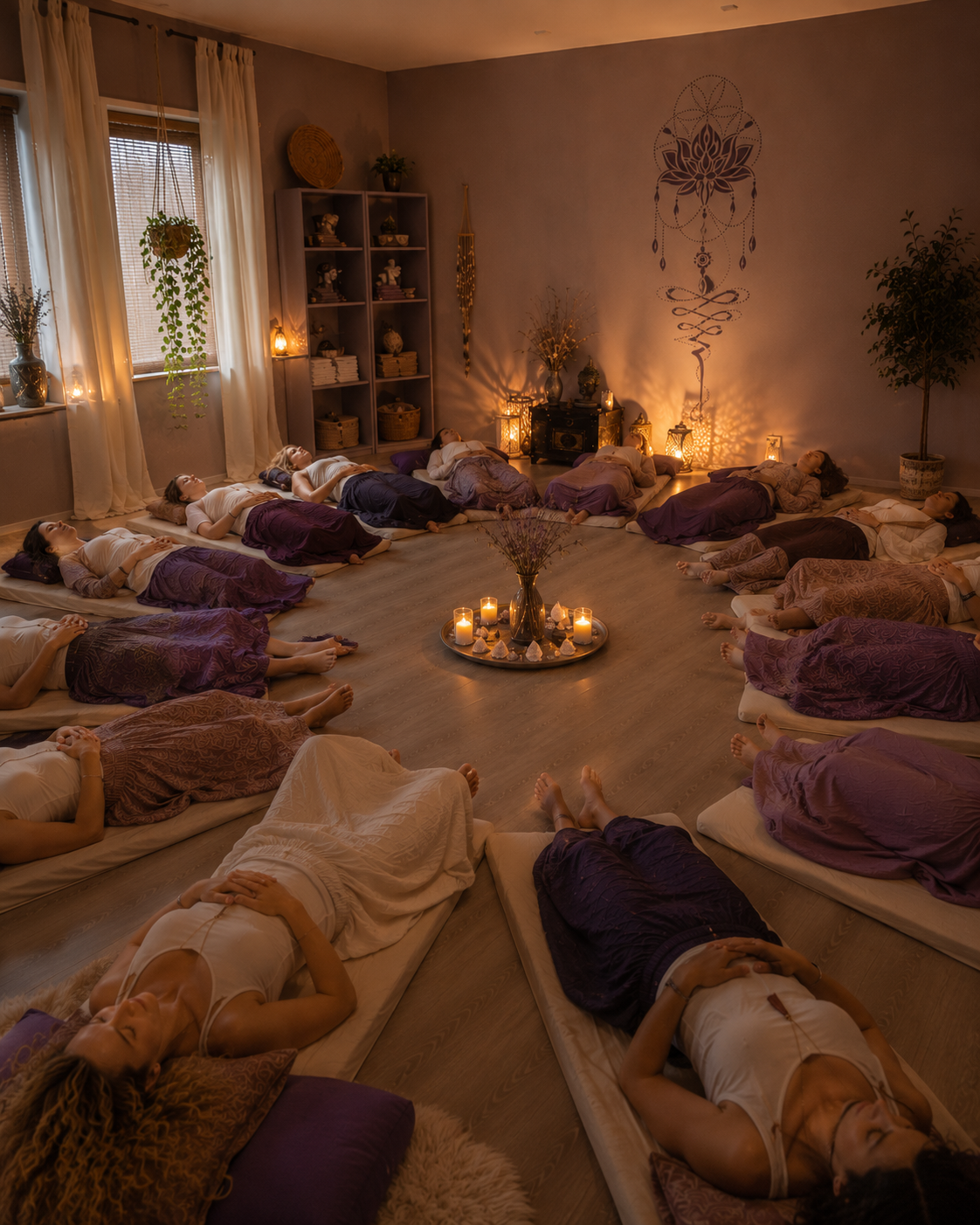 Vrouwen liggen ontspannen in een kring tijdens een One Day Retreat