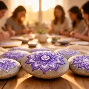 Beschilderde mandalastenen op tafel tijdens een creatieve workshop