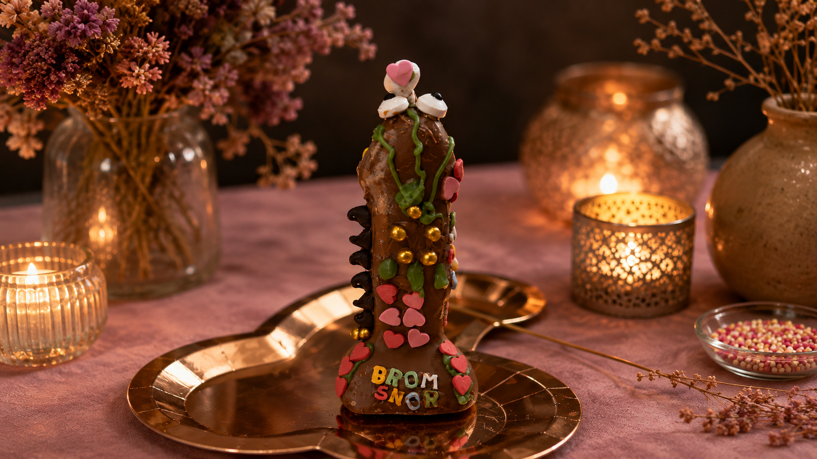 Versierde chocolade piemel tijdens de workshop The Sacred Art of Touching Him