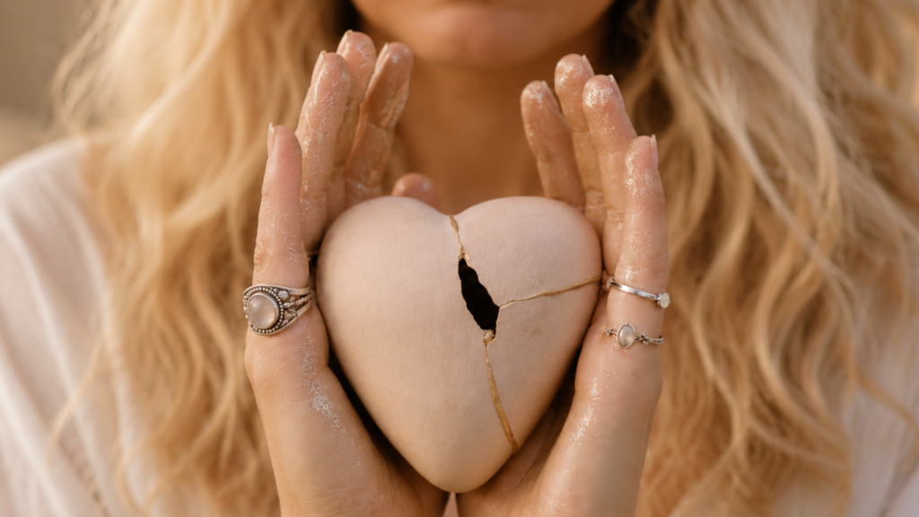 Vrouw met blond haar houdt een gebroken keramisch hart vast als symbool voor heling, loslaten en een nieuw begin tijdens een hartritueel.