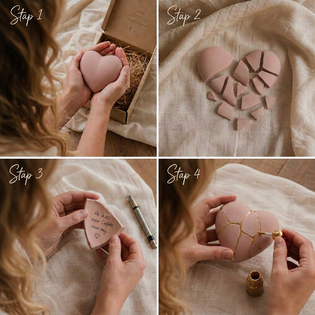 Vier stappen van het hartritueel: een keramisch hart vasthouden, breken, een boodschap schrijven en het hart herstellen met een gouden kintsugi-lijn.