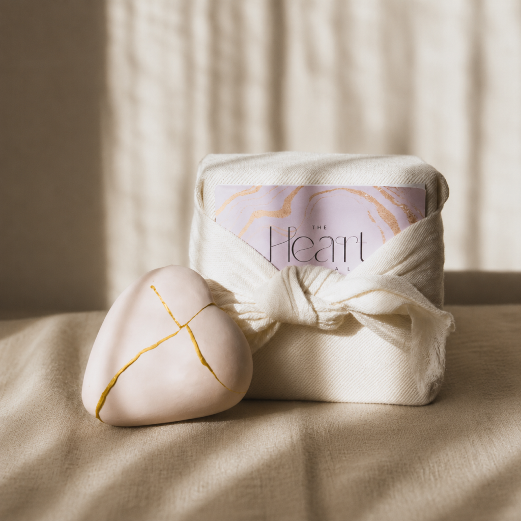 Keramisch hart met gouden breuklijnen en luxe bewaardoos voor het Hartritueel van The Goddess Academy
